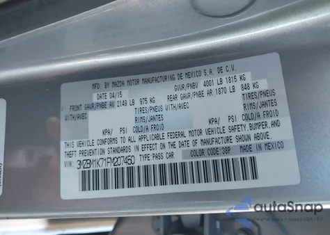 2015 Mazda Mazda3 I Sport z USA, uszkodzony, nr VIN 3MZBM1K71FM207450